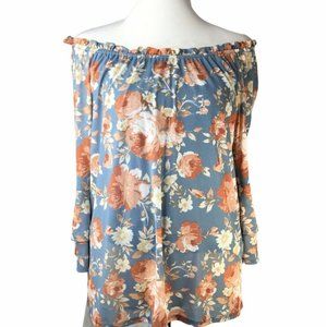 APT 9 3/4 Sleeve Top Womens M Cream Blue Off Shoul